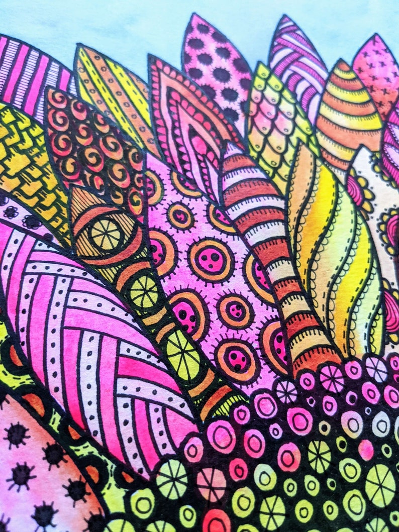 Doodle and Zentangle Flower Watercolor Painting 9x12inch Pink Etsy