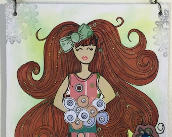 Whimsical Mixed Media 5" x 7" Hanging Sign Pretty Paper Girl with Collage, Decorative Papers, Beads, Glitter. Red Head