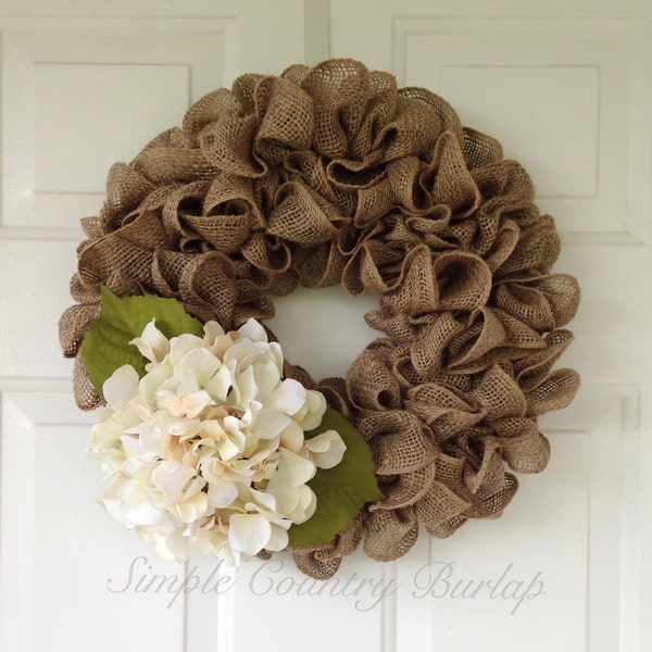 Beautiful and full Tan burlap wreath accented with a cream hydrangea, Spring burlap wreath, Mother's Day wreath, Fall burlap wreath, summer