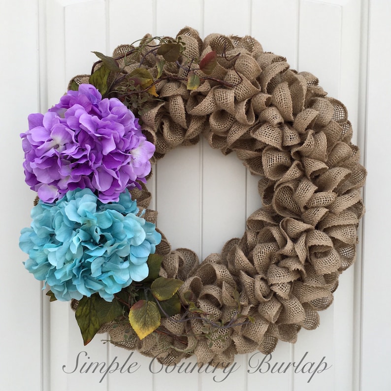 Spring burlap wreath natural burlap wreath accented with greenery 2 large colored hydrangeas in purple teal and cream