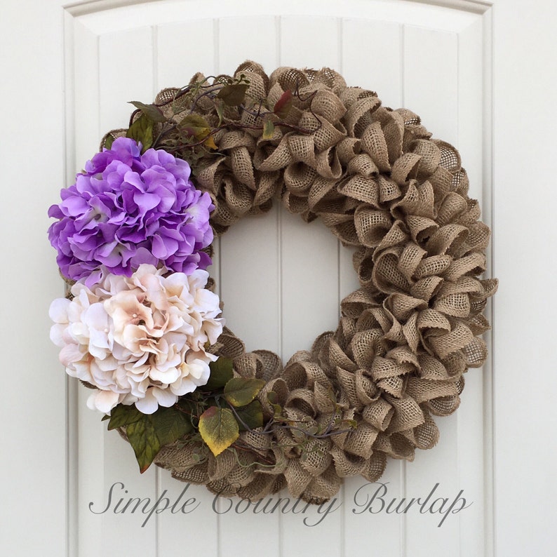 Spring burlap wreath natural burlap wreath accented with greenery 2 large colored hydrangeas in purple teal and cream