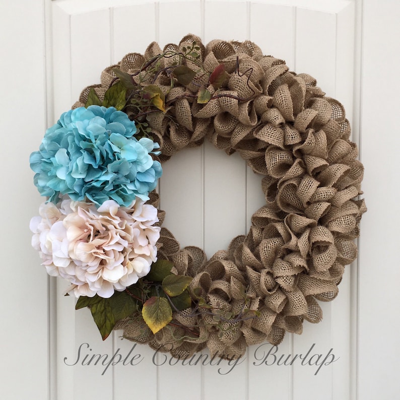 Spring burlap wreath natural burlap wreath accented with greenery 2 large colored hydrangeas in purple teal and cream