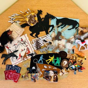 Vintage Western Accessory Lot: Horses, Charms, Diorama Supplies/Bonus Pheasant Feathers