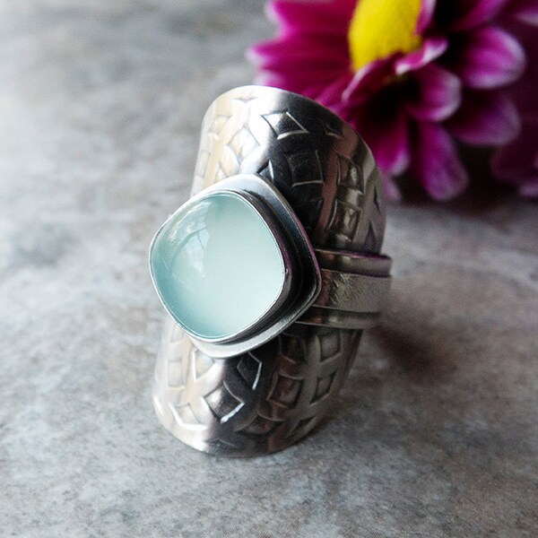 CHOOSE YOUR SIZE: Aqua Chalcedony Saddle Ring, Turquoise Silver Stone Ring, Artisan Ring, Wide Band, Custom Size, Mandala Ring, Shield Ring