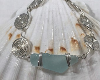 Sea glass jewelry, Authentic light blue Sea Glass, Elegant formed and hammered sterling silver sea glass bracelet