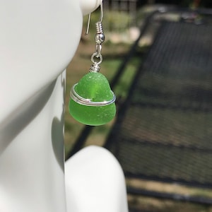 Sea glass jewelry. Beautiful authentic green Sea glass earrings wire wrapped with sterling silver, Maine sea glass earrings, image 1