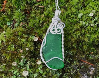Sea glass jewelry, Reversable Green Sea Glass Necklace using authentic Sea Glass from Mount Desert Island, wire wrapped with sterling silver