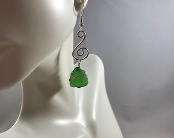 Sea glass jewelry. Beautiful authentic green Sea glass earrings; hammered sterling with Maine sea glass.