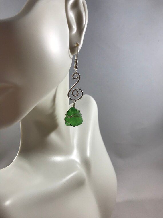 Beautiful authentic green Sea glass earrings; hammered sterling with Maine sea glass. Sea glass jewelry