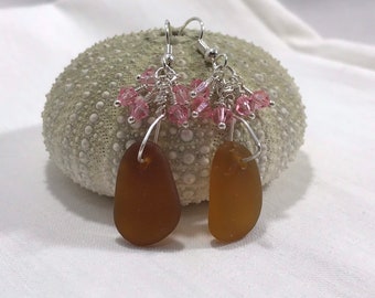 Sea glass jewelry, Beautiful authentic frosty brown Sea glass with pink Swarovski crystal sterling silver earrings.
