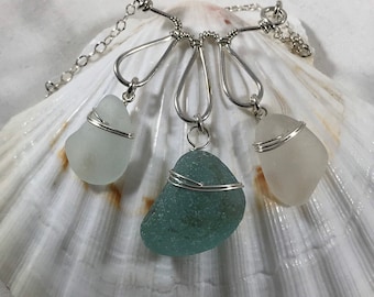 Sea glass jewelry, sea foam, white sea glass on a hammered wire wrapped pieces of tear drops sterling necklace, bib necklace