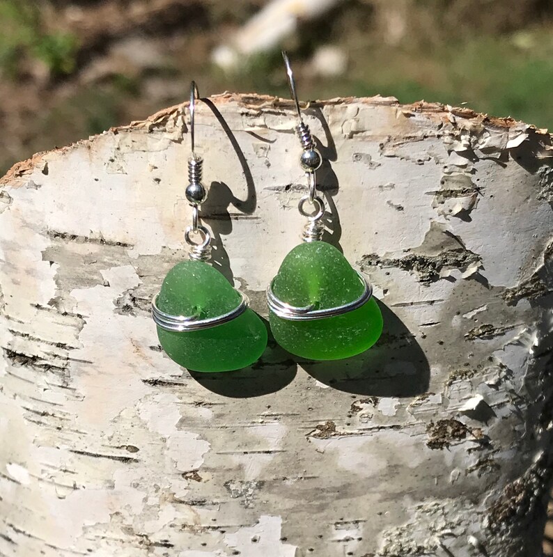 Sea glass jewelry. Beautiful authentic green Sea glass earrings wire wrapped with sterling silver, Maine sea glass earrings, image 3