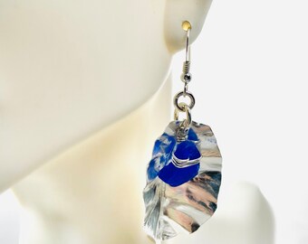 Maine made Fold form Sea glass jewelry, beautiful fold formed fine silver leaf and  blue sea glass earrings. Sea and leaves come together.