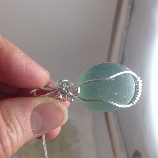 Sea glass jewelry, Beautiful frosty blue /green sea glass necklace wrapped with sterling silver wire, natural Maine Sea Glass