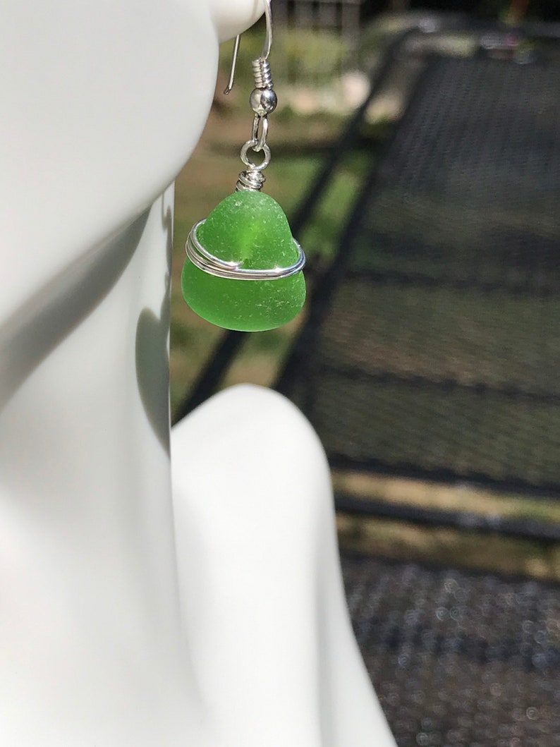 Sea glass jewelry. Beautiful authentic green Sea glass earrings wire wrapped with sterling silver, Maine sea glass earrings, image 1