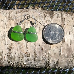 Sea glass jewelry. Beautiful authentic green Sea glass earrings wire wrapped with sterling silver, Maine sea glass earrings, image 5