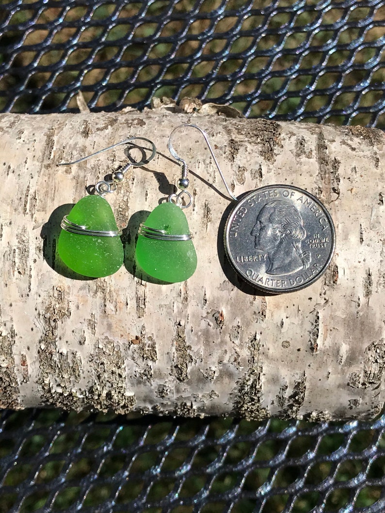 Sea glass jewelry. Beautiful authentic green Sea glass earrings wire wrapped with sterling silver, Maine sea glass earrings, image 5