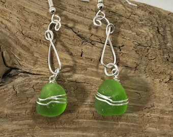 Sea glass jewelry. Beautiful authentic lime green Sea glass earrings; hammered sterling with Maine sea glass.