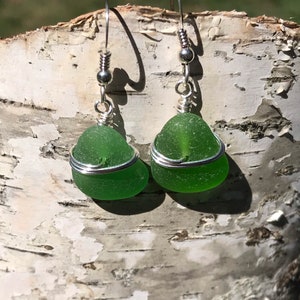 Sea glass jewelry. Beautiful authentic green Sea glass earrings wire wrapped with sterling silver, Maine sea glass earrings, image 4