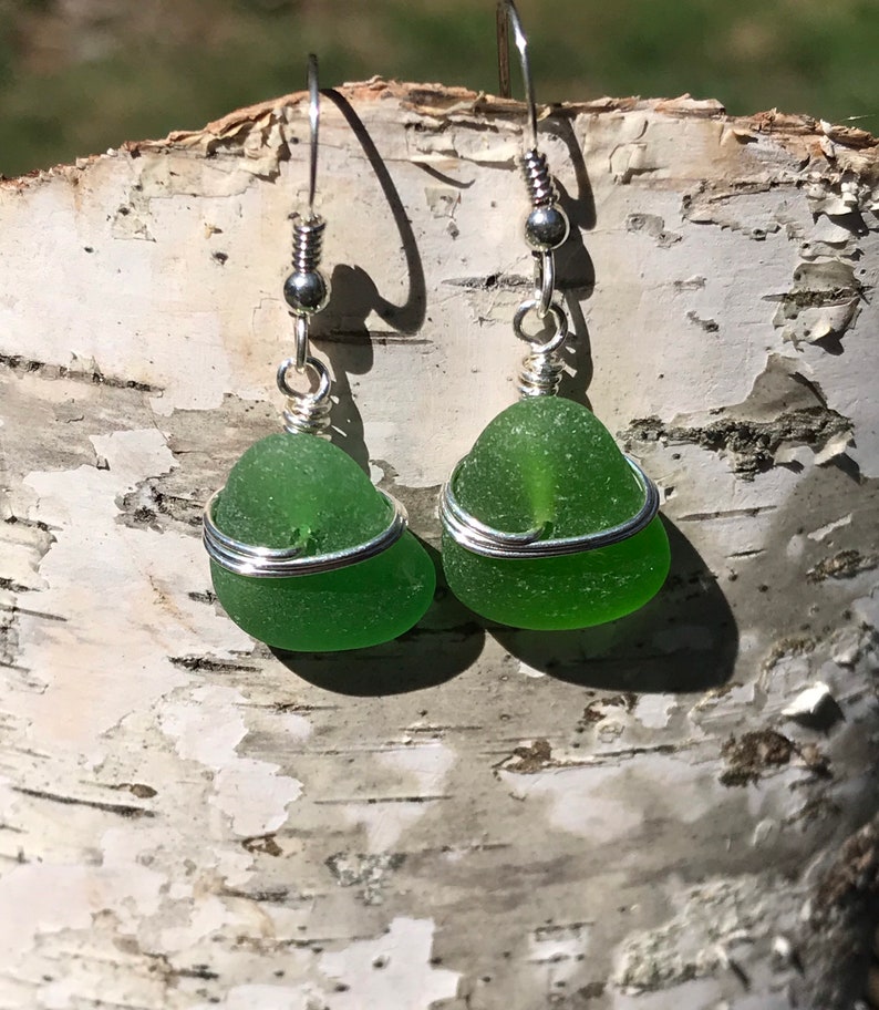 Sea glass jewelry. Beautiful authentic green Sea glass earrings wire wrapped with sterling silver, Maine sea glass earrings, image 4