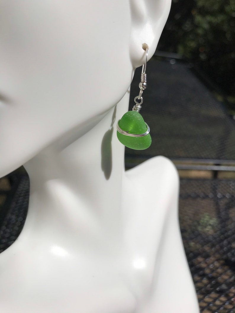 Sea glass jewelry. Beautiful authentic green Sea glass earrings wire wrapped with sterling silver, Maine sea glass earrings, image 9