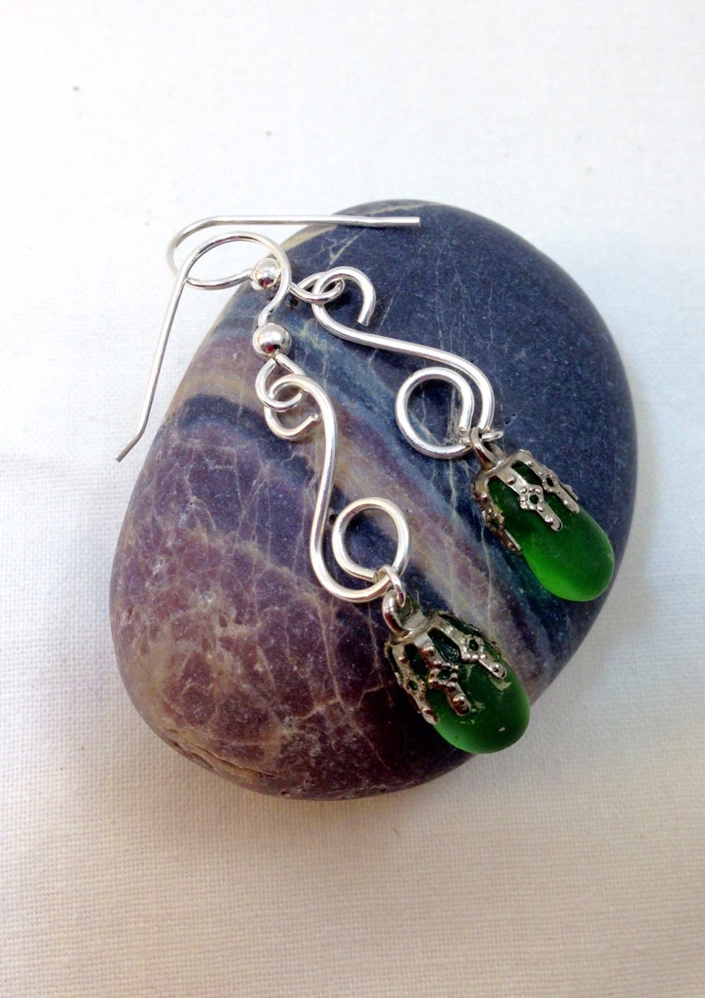 Beautiful authentic green Sea glass earrings; hammered sterling with Maine sea glass. Sea glass jewelry
