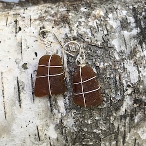 Amber Sea Glass Earrings: Sterling Silver Wire Wrapped, Maine Coast