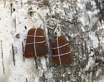 Sea glass jewelry, Authentic amber brown sea glass wire wrapped earrings, Down East Maine sea glass earrings. Mount Desert Island sea glass