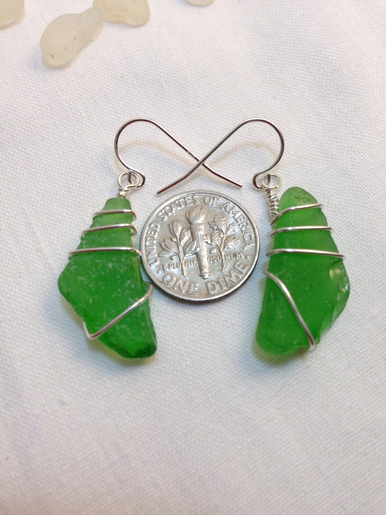 Sea glass jewelry. Beautiful authentic green Sea glass earrings wire wrapped with sterling silver, Maine sea glass earrings, image 3