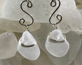 Sea glass jewelry. Beautiful authentic white Sea glass earrings; hammered sterling charm with wrapped Maine sea glass.