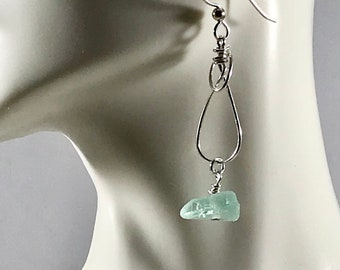 Sea glass jewelry, Beautiful frosty touch of light green seafoam Sea glass earrings wire wrapped with handmade sterling design