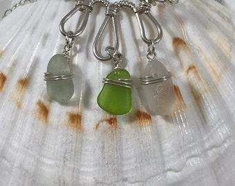 Sea glass jewelry, green, white sea glass on a hammered wire wrapped pieces of tear drops sterling necklace, bib necklace, statement necklac