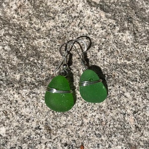 Sea glass jewelry. Beautiful authentic green Sea glass earrings wire wrapped with sterling silver, Maine sea glass earrings, image 7