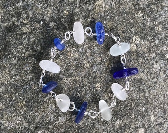 Sea glass jewelry, bracelet blue and white sterling silver sea glass bracelet with 11 pieces of sea glass