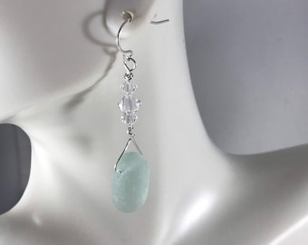 Sea glass jewelry. Beautiful seafoam Sea glass with Swarovski crystals earrings sterling silver, Maine sea glass earrings, dainty earrings