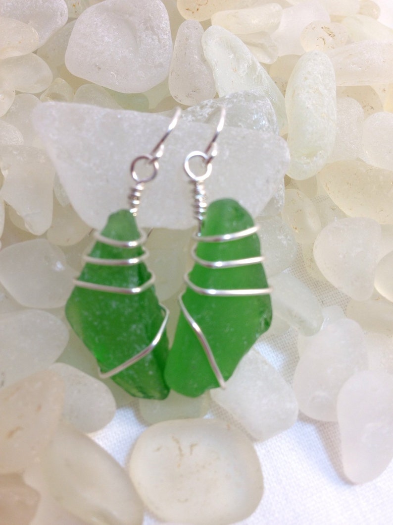 Sea glass jewelry. Beautiful authentic green Sea glass earrings wire wrapped with sterling silver, Maine sea glass earrings, image 4
