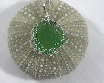 Sea glass jewelry, Beautiful green sea glass necklace woven with sterling silver wire,  pendant, Authentic Maine Sea Glass,