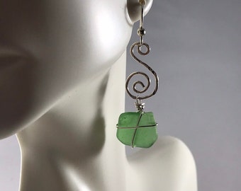 Sea glass jewelry. Beautiful authentic green Sea glass earrings; hammered sterling with Maine sea glass.