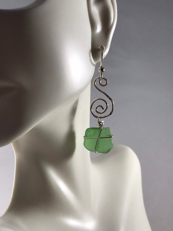 Beautiful authentic green Sea glass earrings; hammered sterling with Maine sea glass. Sea glass jewelry