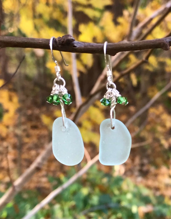 Green Sea Glass & Swarovski Crystal Earrings