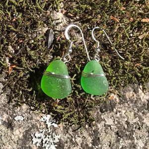 Sea glass jewelry. Beautiful authentic green Sea glass earrings wire wrapped with sterling silver, Maine sea glass earrings, image 2