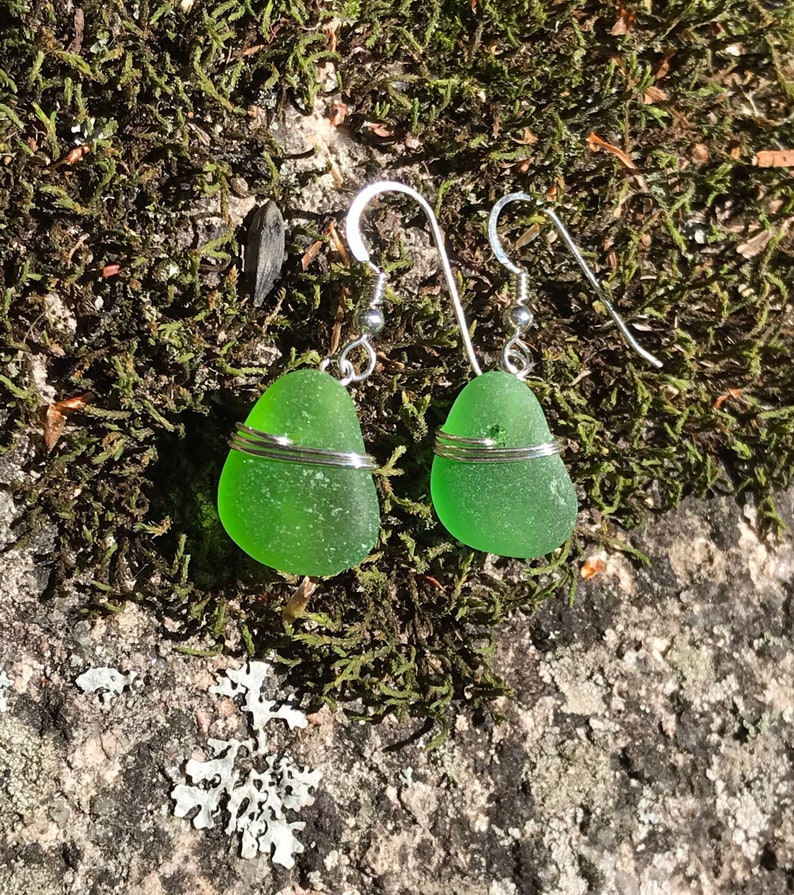 Sea glass jewelry. Beautiful authentic green Sea glass earrings wire wrapped with sterling silver, Maine sea glass earrings, image 2