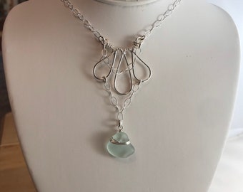 Sea glass jewelry, Beautiful light blue sea glass necklace woven with sterling silver wire, on hammered sterling,