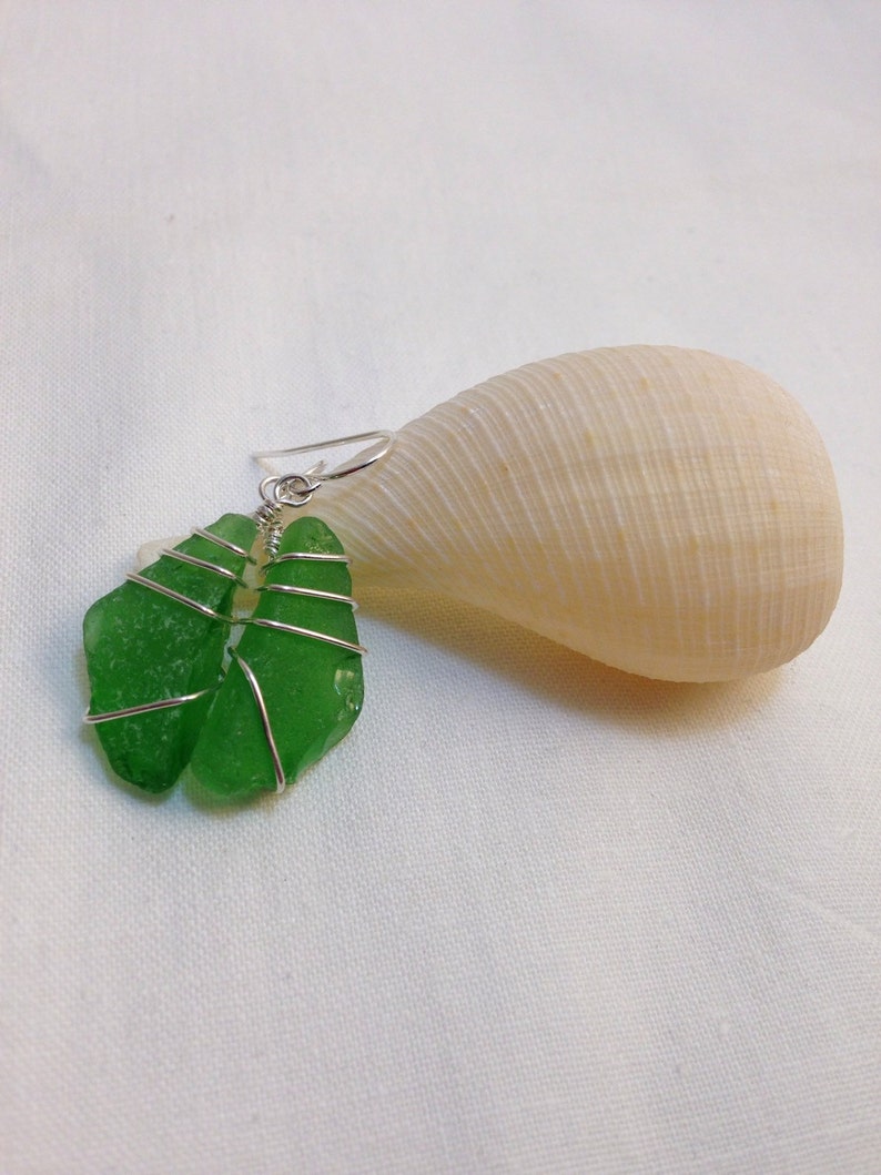 Sea glass jewelry. Beautiful authentic green Sea glass earrings wire wrapped with sterling silver, Maine sea glass earrings, image 1