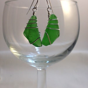 Sea glass jewelry. Beautiful authentic green Sea glass earrings wire wrapped with sterling silver, Maine sea glass earrings, image 2