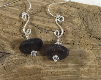 Sea glass jewelry. Beautiful authentic brown Sea glass earrings; with white Swarovski crystals and hammered sterling with Maine sea glass.