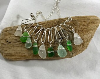 Sea glass jewelry,  hammered wire wrap sterling necklace, Bib necklace, Statement necklace