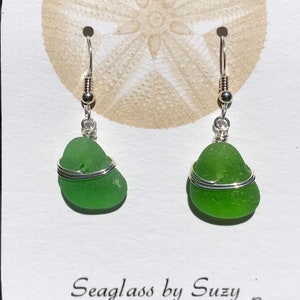 Sea glass jewelry. Beautiful authentic green Sea glass earrings wire wrapped with sterling silver, Maine sea glass earrings, image 6