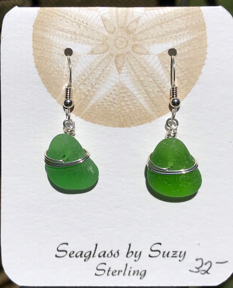 Sea glass jewelry. Beautiful authentic green Sea glass earrings wire wrapped with sterling silver, Maine sea glass earrings, image 6