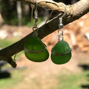 Sea glass jewelry. Beautiful authentic green Sea glass earrings wire wrapped with sterling silver, Maine sea glass earrings, image 8